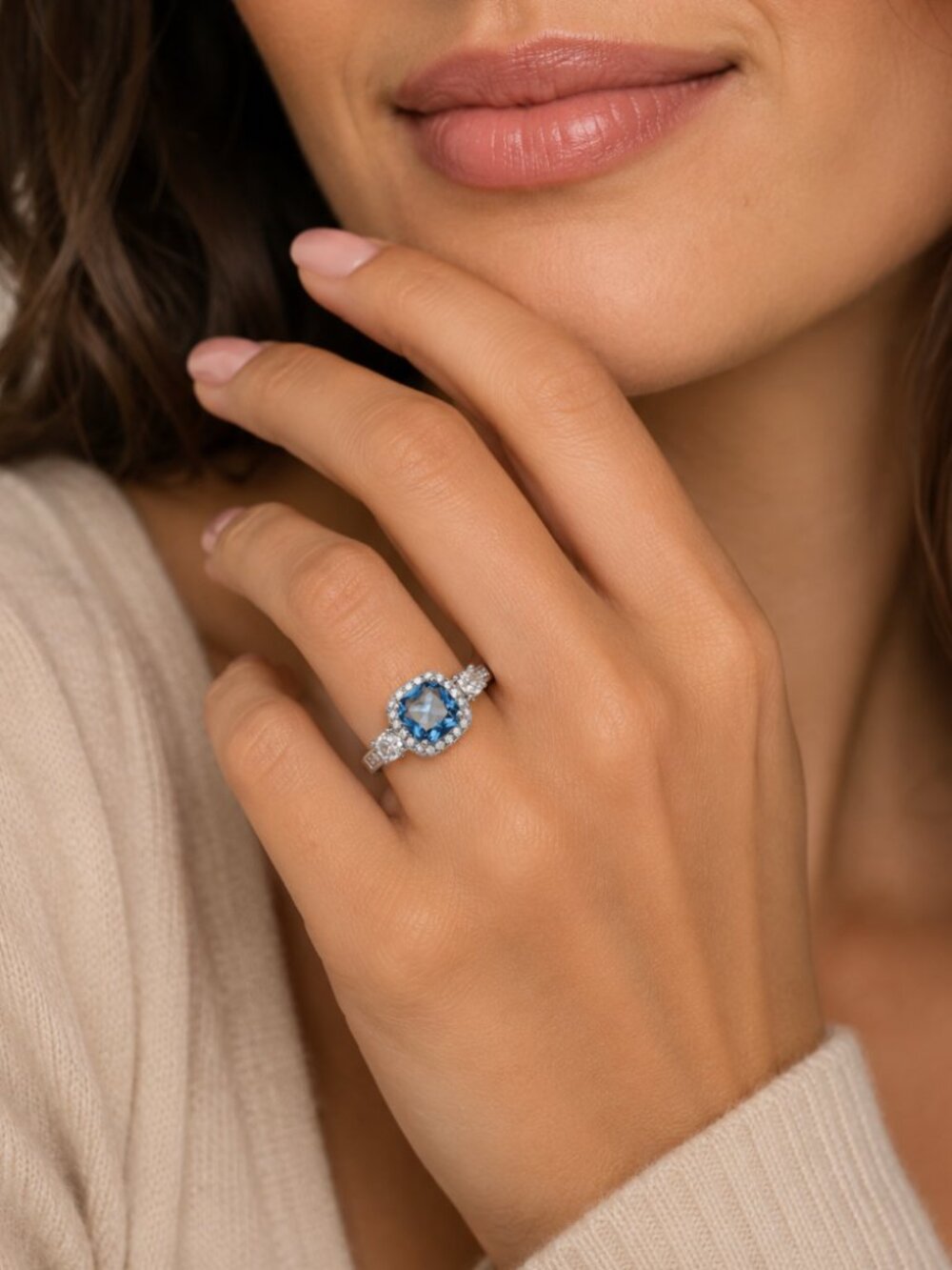 14k White Gold Diamond Blue Sapphire Diamond Ring Band